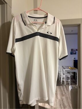 Oakley Men's White Polo with Black Chevron and Trim
